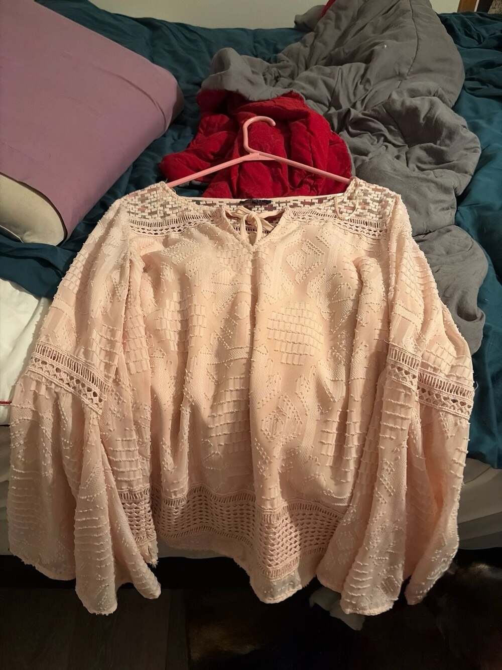 Kaari Blue Pink Boho Eyelet Lace Bell Sleeve Tunic Blouse